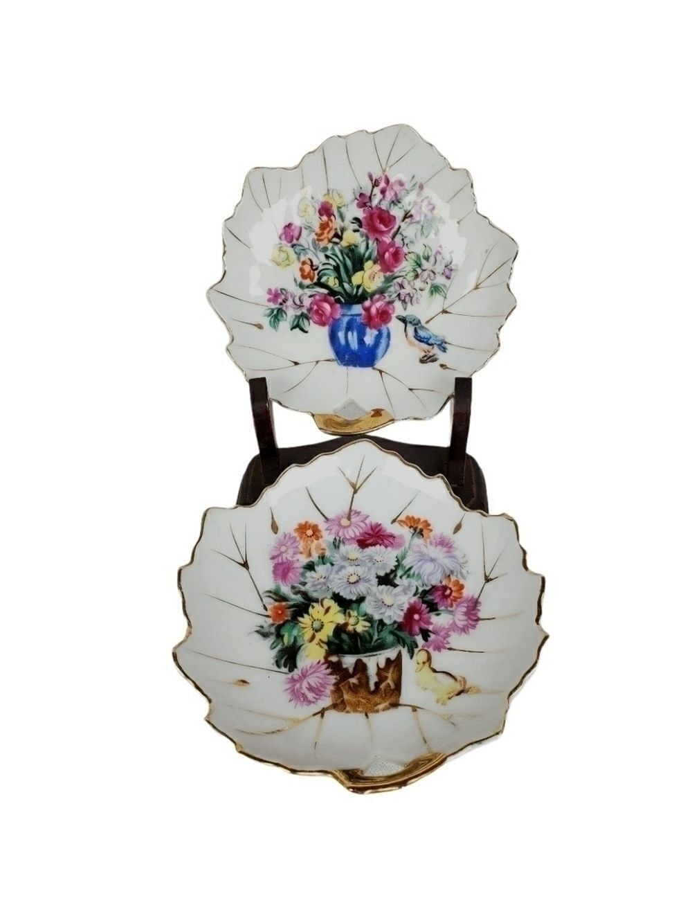 Vtg 2 small leaf floral trinket dish duck bluebird